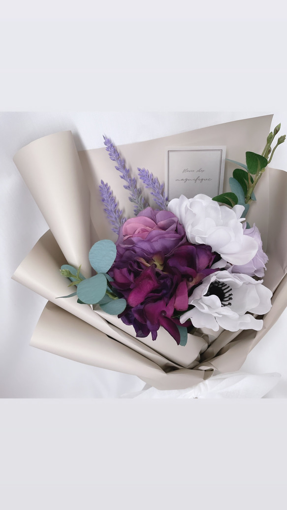 【一点限定】パープル×ホワイト系 ラッピングブーケ アーティフィシャルフラワーの花束 ギフト ブーケ 母の日 2枚目の画像