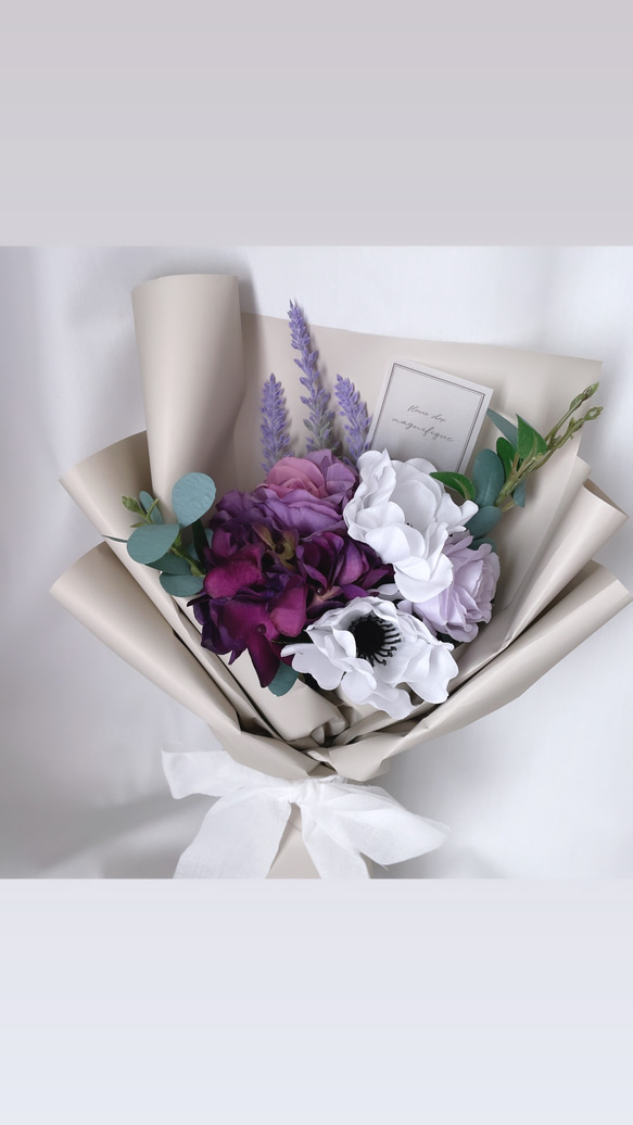 【一点限定】パープル×ホワイト系 ラッピングブーケ アーティフィシャルフラワーの花束 ギフト ブーケ 母の日 3枚目の画像