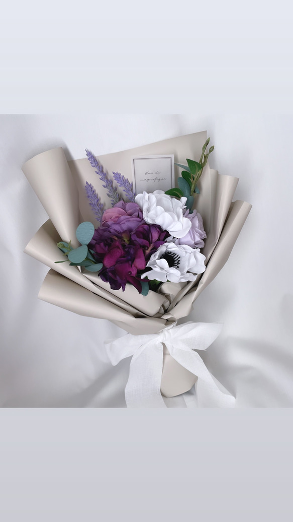 【一点限定】パープル×ホワイト系 ラッピングブーケ アーティフィシャルフラワーの花束 ギフト ブーケ 母の日 4枚目の画像