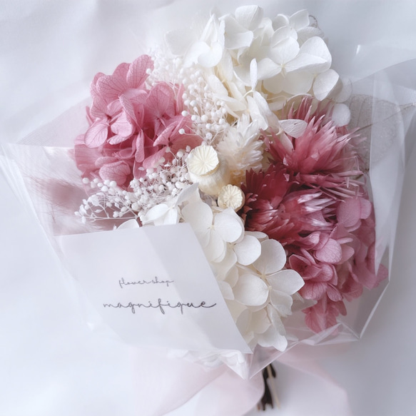 残りわずかです！再販×9 アンティークピンク系 チュールリボン♡pink♡ ドライフラワーの花束 ブーケ ギフト 3枚目の画像