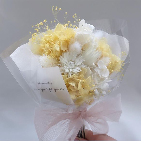 【一点限定】イエロー系 チュールリボン♡pink♡ ドライフラワーの花束　ブーケ ギフト 2枚目の画像