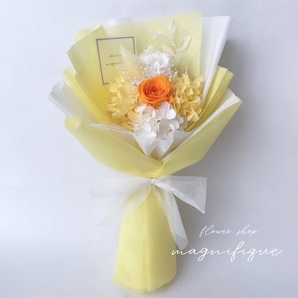 再販×11 イエロー系 ♡ローズシリーズ♡ ラッピングブーケ ドライフラワーとプリザーブドフラワーの花束 ブーケ 花束 1枚目の画像