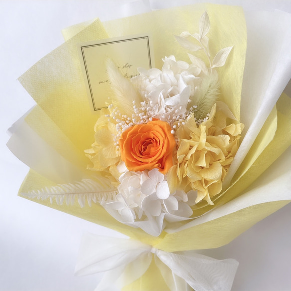 再販×11 イエロー系 ♡ローズシリーズ♡ ラッピングブーケ ドライフラワーとプリザーブドフラワーの花束 ブーケ 花束 2枚目の画像