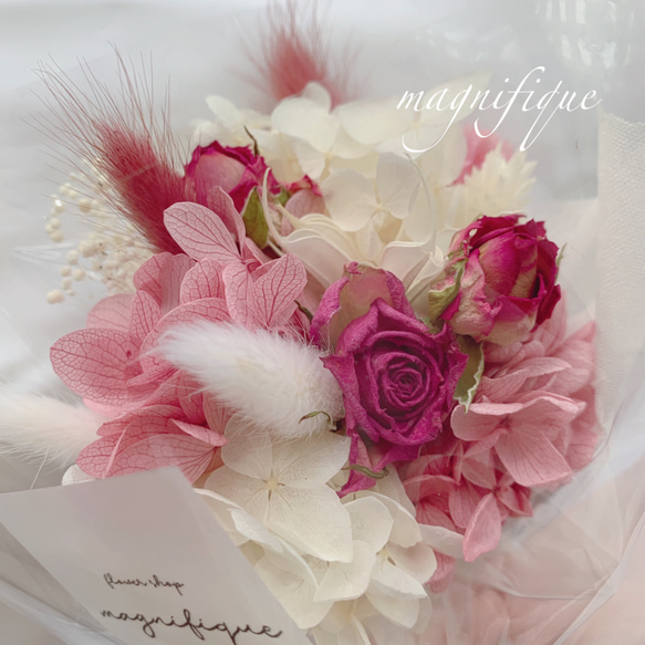 残りわずかです！再販×4 チュールリボンシリーズ♡pink♡ドライフラワーの花束 3枚目の画像
