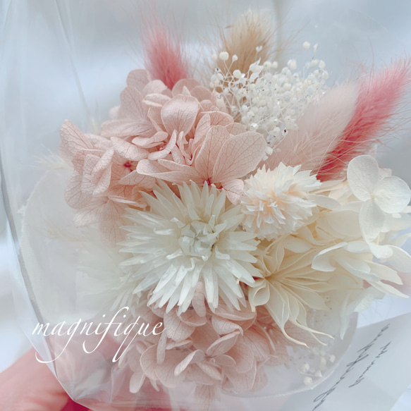 再販×44 チュールリボンシリーズ♡pink♡ドライフラワーの花束 ピンクベージュ系 ギフト 2枚目の画像