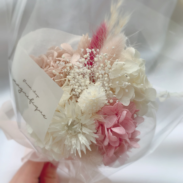 再販×8 ピンクベージュ系 チュールリボンシリーズ♡pink♡ドライフラワー パンパスグラス 花束 ブーケ 3枚目の画像