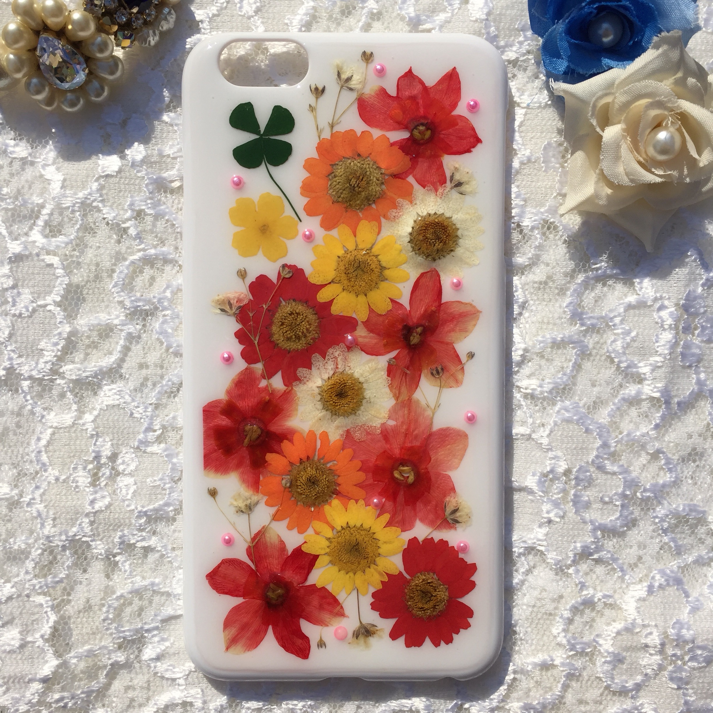 押し花iPhone6plusケース ドライフラワーケース 押し花スマホケース 