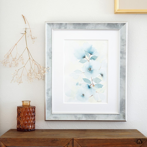 【原画】透明水彩画 「Blue flowers」八つ切 1枚目の画像