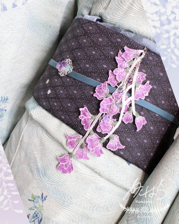 藤の花房の刺繍帯飾り 2枚目の画像