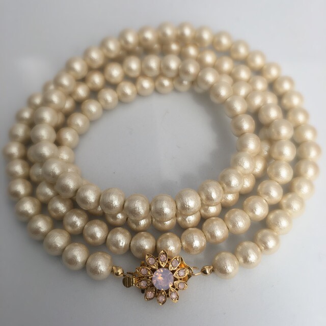 ピアス付き♡春色桜色♡100cmコットンパールロングネックレスセット