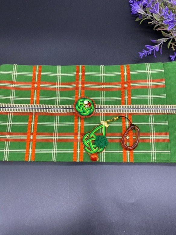 2005半幅帯＆帯留・真田紐セット　博多織 ✨帯飾り 2枚目の画像