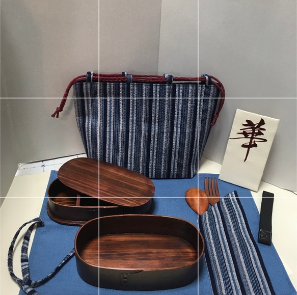 七点セット二段わっぱ巾着ポケット付きマット木製ホーク&スープンお箸