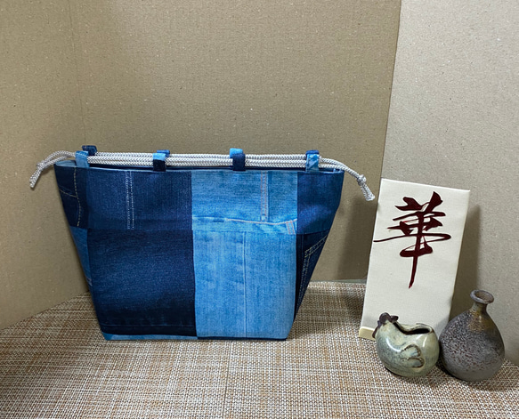 二点セット　寸法指定受注製作のみ（お弁当箱寸法限定幅11cm×19cm まで）デニム柄信玄袋　ポーチ　セカンドバック　 2枚目の画像