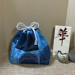 二点セット　寸法指定受注製作のみ（お弁当箱寸法限定幅11cm×19cm まで）デニム柄信玄袋　ポーチ　セカンドバック　 3枚目の画像