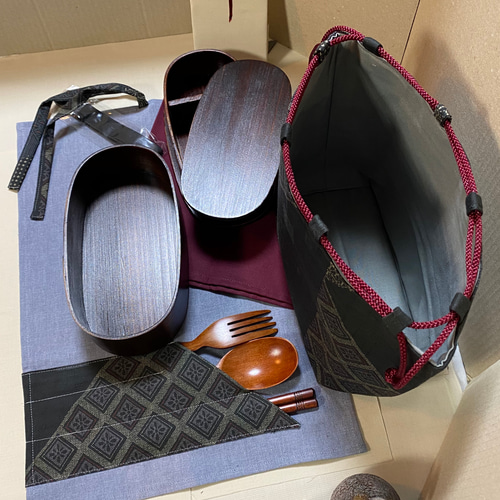 7点セット　二段丸わっぱ　ポケット付きランチヨマット　自立巾着　ホーク　スープン 7点セット 二段丸わっぱ ポケット付きランチヨマット 自立巾着 ホーク