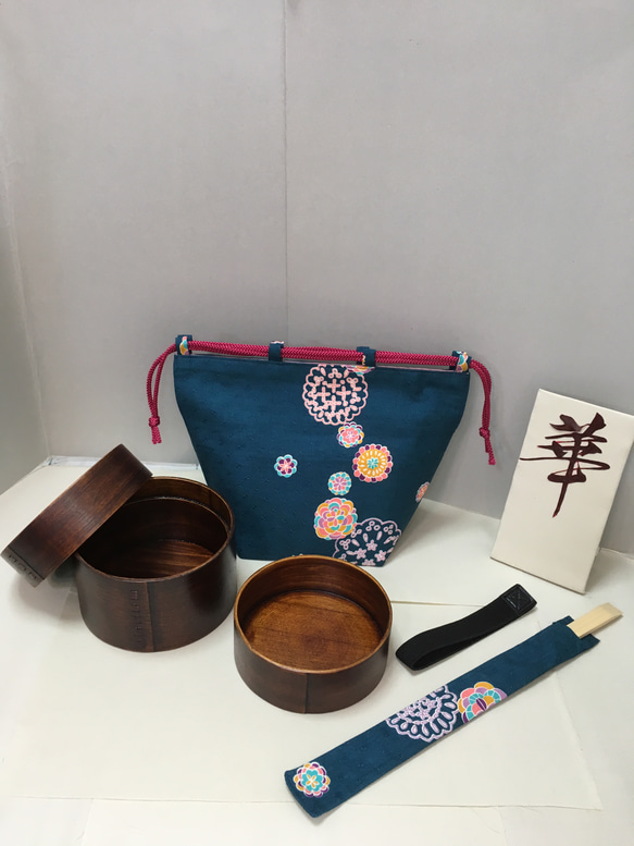 四点セット わっぱ弁当箱二段漆 手鞠和柄バッグ 箸袋 ゴムバンド 