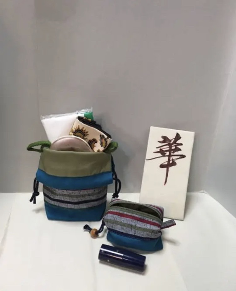 三点セット 三way 久留米絣ポーチ　巾着、ショルダーバッグ（江戸紐120cm付き）スマホケース　化粧ポーチ　小銭財布