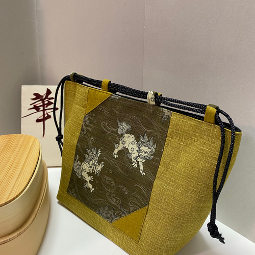 四点セット麒麟 1点物 信玄袋 箸袋 わっぱ弁当箱二段ゴムバンド