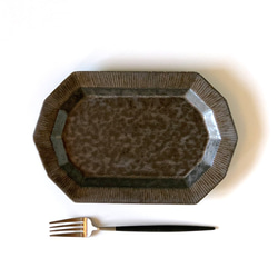 十角形しのぎ彫り 長角皿 焼き物皿 カレー サラダ パスタ 金結晶 /r144go 2枚目の画像