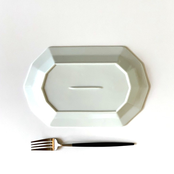 十角形しのぎ彫り 長角皿 焼き物皿 カレー サラダ パスタ 金結晶 /r144go 6枚目の画像