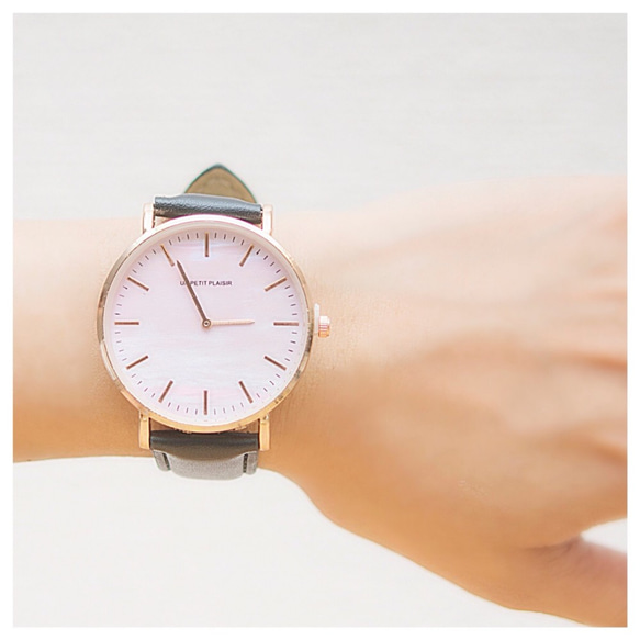 【パールピンクが可愛い】腕時計 シンプル ブラック レディース メンズ レザー ペア 2枚目の画像