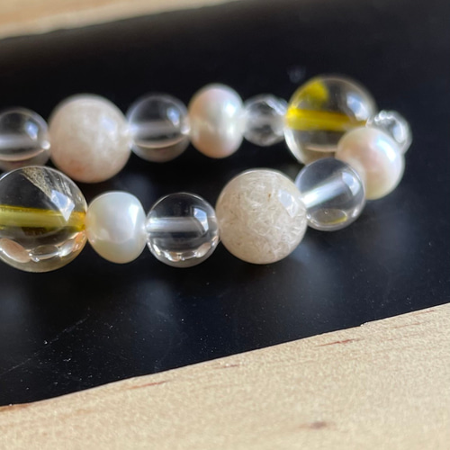 フラワーガーデンルチル　ルチル　白水晶　ブレスレット スノーホワイトルチルガーデンクォーツ、淡水パール、シトリン、水晶の