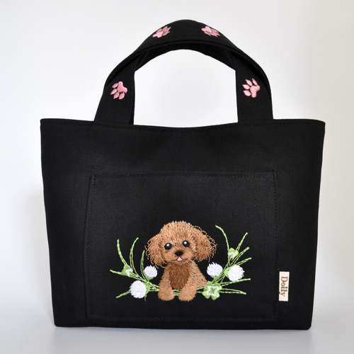 再販】クローバーとブラウントイプードル刺繍 ミニトートバッグ〈黒