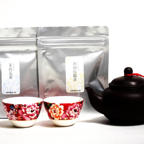 台湾茶 茶器セット 桃とコウモリ柄 茶壺（急須）大と茶杯（湯呑み）2つ