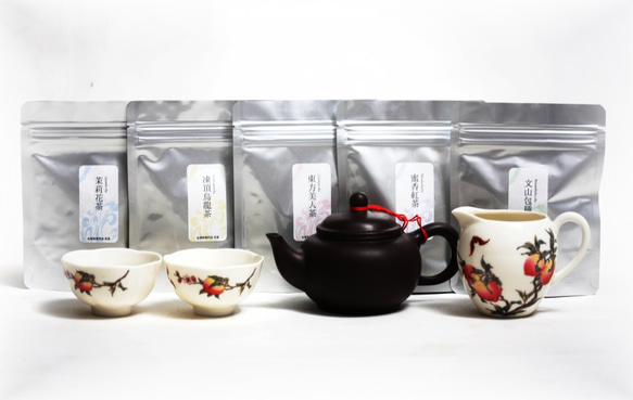 台湾茶 茶器 茶葉 本格おすすめ入門セット（登頂烏龍茶、ジャスミン茶、蜜香紅茶、東方美人茶、文山包種茶）中国茶 1枚目の画像