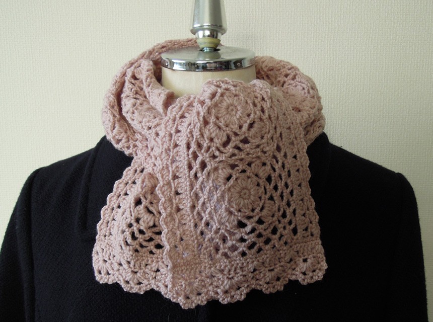 【受注製作】フラワーモチーフのガーリーマフラー　ピンク