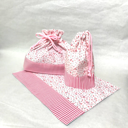 再販】リボン&ドット ピンク トリオセットが入るお弁当袋&コップ袋