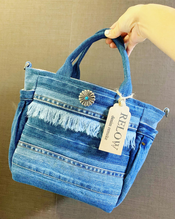 ブラックフリンジデニム サイドポケットトートバッグ