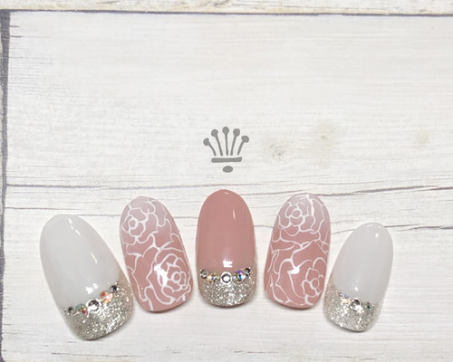 【オーダー】ネイルチップ　フレンチ　レース　薔薇 オーダー】ネイルチップ フレンチ レース 薔薇