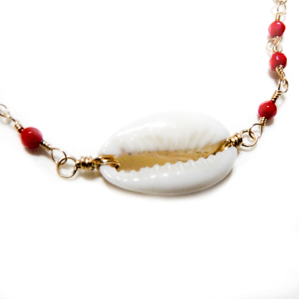Cowry × Red Coral Bracelet/14kgf タカラガイ×赤珊瑚ブレスレット 4枚目の画像