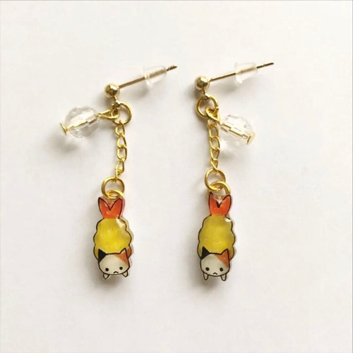 6種類から選べる金具)エビフライ×三毛猫ちゃんのぶら下がりゆらゆら