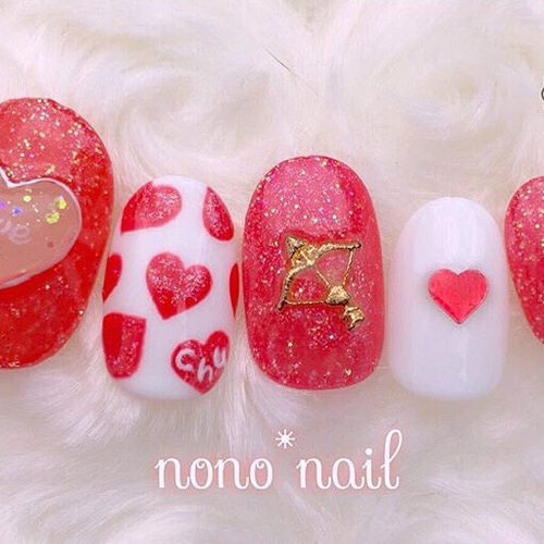 カラー変更、サイズ指定無料】ネイルチップバレンタインネイルハートネイル