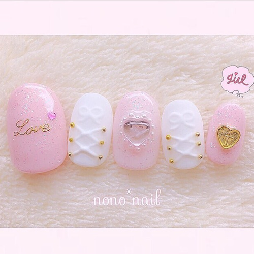 ♡ぷっくりハートのニットネイル♡ ネイルチップハンドメイド