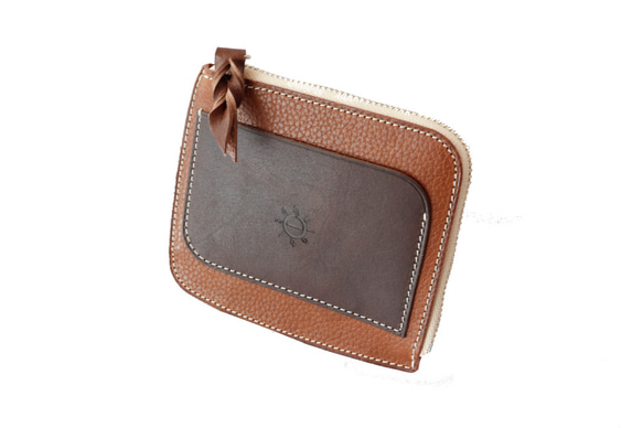 ミニ財布 「ポケットバース」 本革100％ L字ファスナー メンズ レディース兼用 ブラウン×チョコ 2枚目の画像