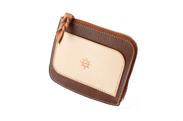 ミニ財布 「ポケットバース」 本革100％ L字ファスナー メンズ レディース兼用 チョコ×ナチュラル 2枚目の画像