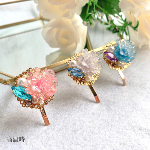 ❀お花のヘアゴム❀　ブルー　ネックレス　ポニーフック　パール　レジン　ゴールド ❀お花のヘアゴム❀ブルーネックレスポニーフックパールレジンゴールド