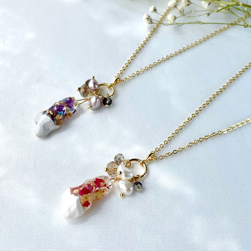 【Ruby】インプレッションストーン×淡水パールのデザインネックレス 香る花鉱石のネックレス ٭❀* 胸元からほのかな癒しの香りを 淡水