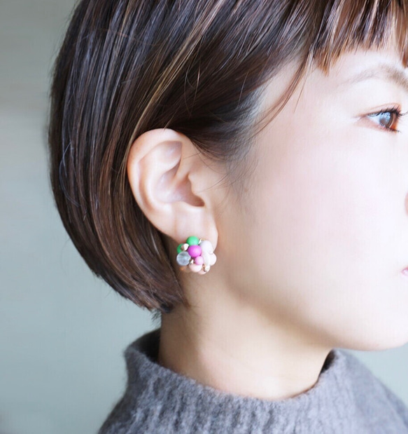 Kinonukumori 耳環/粉紅色 x 綠色/定制 第5張的照片