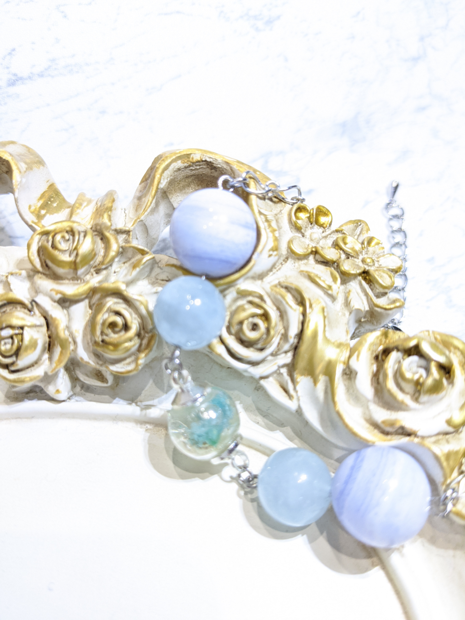 アクアマリン×フラワーガラスドームブレスレット