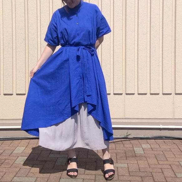 棉麻喇叭形襯衫裙 * 寶藍色 第2張的照片