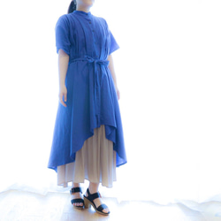棉麻喇叭形襯衫裙 * 寶藍色 第3張的照片