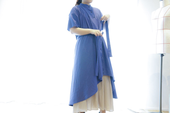 棉麻喇叭形襯衫裙 * 寶藍色 第5張的照片