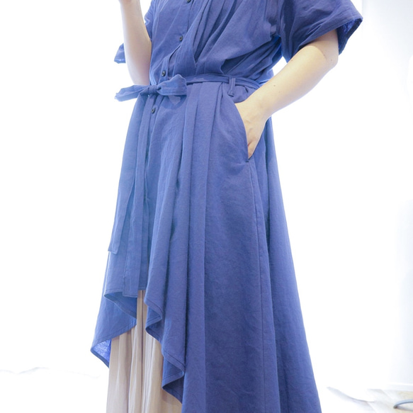 棉麻喇叭形襯衫裙 * 寶藍色 第4張的照片