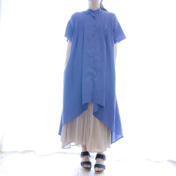 棉麻喇叭形襯衫裙 * 寶藍色 第6張的照片