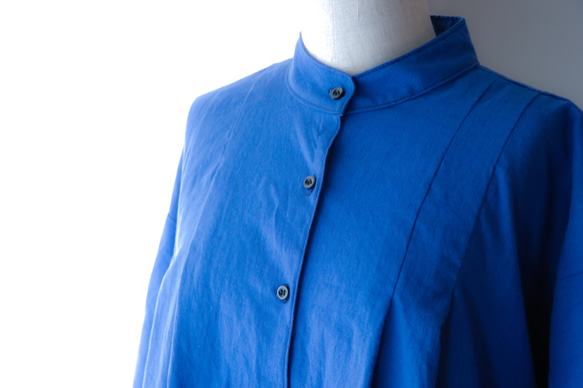 棉麻喇叭形襯衫裙 * 寶藍色 第7張的照片