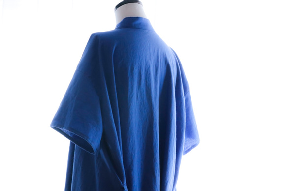 棉麻喇叭形襯衫裙 * 寶藍色 第8張的照片